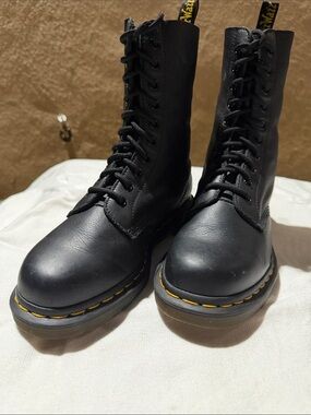 Dr. Martens Black Leather Lace-Up Combat Boots with Yellow Stitching